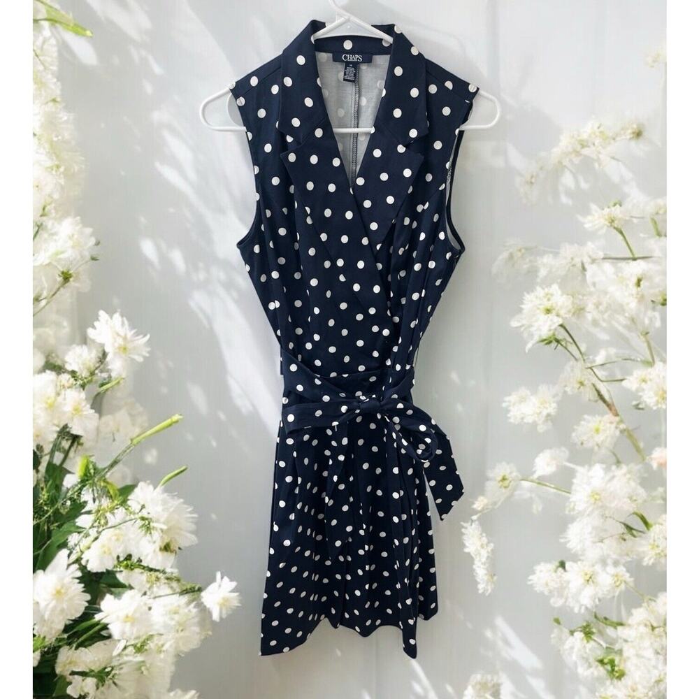 NWT Size 12 CHAPS Navy Blue & White Polka Dot Dress Sleeveless‎ Retro Stretch